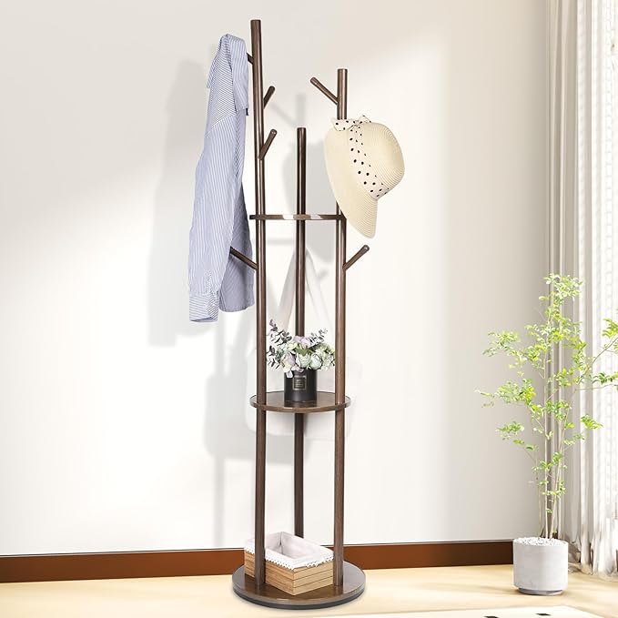 Wood Coat Rack with 3 Shelves and 9 Hooks, Freestanding Rotary Coat Tree for Entryway, Bedroom, Living Room, Hallway – Holds Jackets, Coats, Hats, Bags (Walnut)