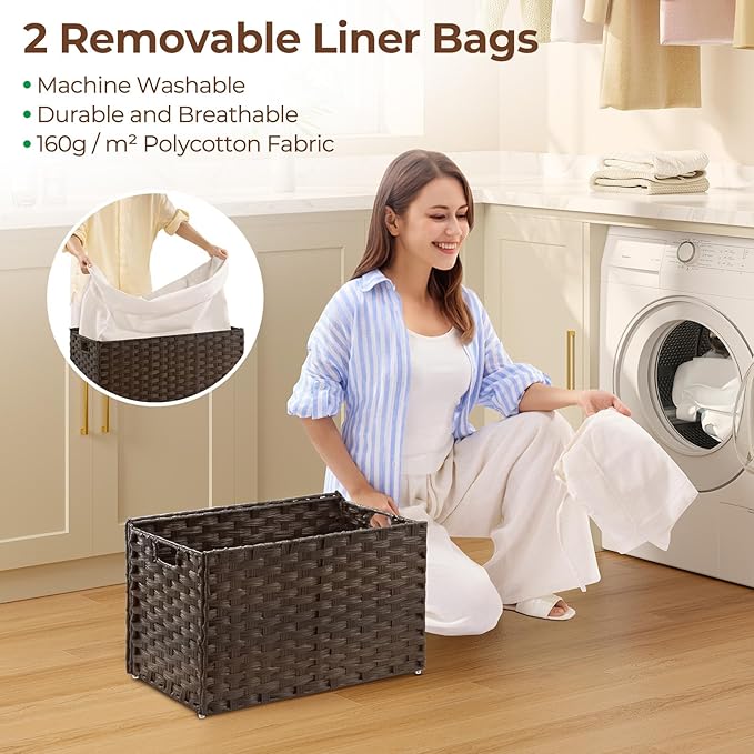 GREENSTELL Storage Basket with Lid, 17.2 Gallon(65L) Small Wicker Blanket Storage Basket with Handles, Foldable, 2 Removable Liner Bags, Metal Frame, for Bedroom, Laundry Room, Brown,22.2"*13.4"*13.4"