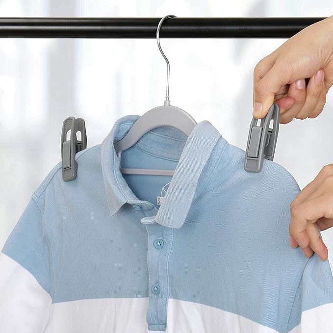 Tinfol 20pc Grey Hanger Clips, Multi-Purpose Finger Clip, Plastic Clothes PIn, Strong Pinch Grip Clips for Slim-line Clothes Skirt Pant Hangers