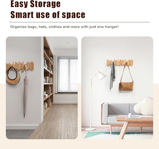 DESAINOPH® Wooden Coat Rack Wall Mounted Sticks Multi Rack Solid Handmade Natural Wood Artwork with 5 Flip-Down Unique Modern Hooks for Coats Bag Hat Umbrella