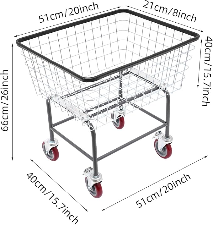Steel Wire Laundry Cart, 110lbs Heavy Duty Commercial Laundry Basket Cart Laundry Hamper Organizer Laundry Basket with Hanging Rack & Removable for Homes Hotels & Bathrooms (20 x 15.7 x 26 inch)