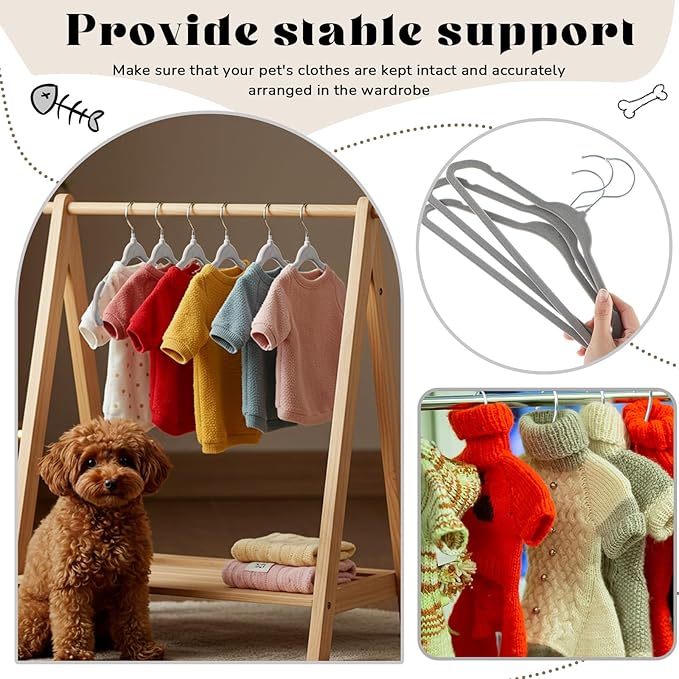 Weysat 12 Pcs Gray Dog Clothes Hangers 11'' Non-Slip & 360° Swivel Velvet Small Pet Hangers for Cats/Dogs with Rustproof Metal Hooks, Space-Saving for Home Storage & Grooming Salons Minimalism