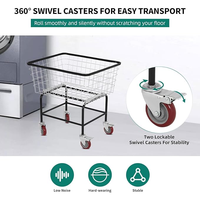 Extra-Large Rolling Laundry Cart with Wheels Holds 4 Washer Loads, Wire Laundry Basket, Heavy-Duty Steel Storage Basket with Galvanized Finish, for Commercial or Home Laundry
