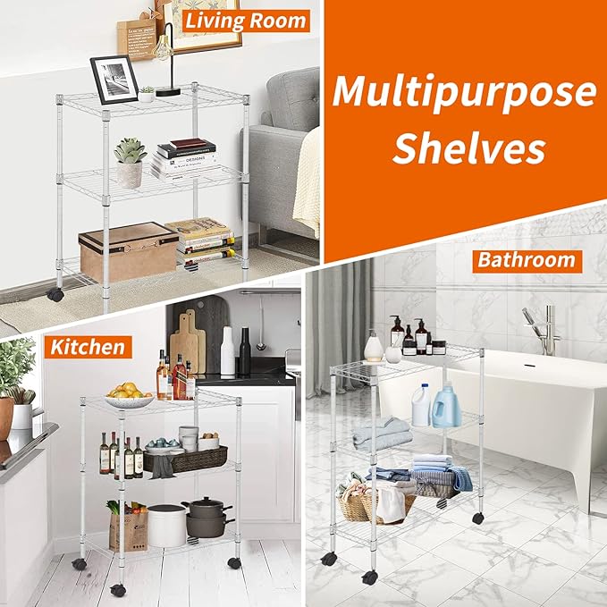 3 Tier Rolling Storage Cart with Wheels and Leveling Feet, Adjustable Wire Shelving Rack, Heavy Duty 450LBS Capacity, Metal Shelf Organizer for Kitchen, Bathroom, Laundry, Office, 23"L x 13"W x 31.3"H