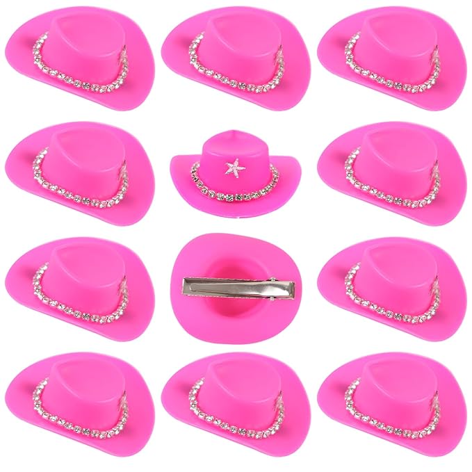 12 Pcs Cowboy Hat Hair Clip Cowgirl Mini Small Tiny Miniature Hat for Western Party Decoration Pink