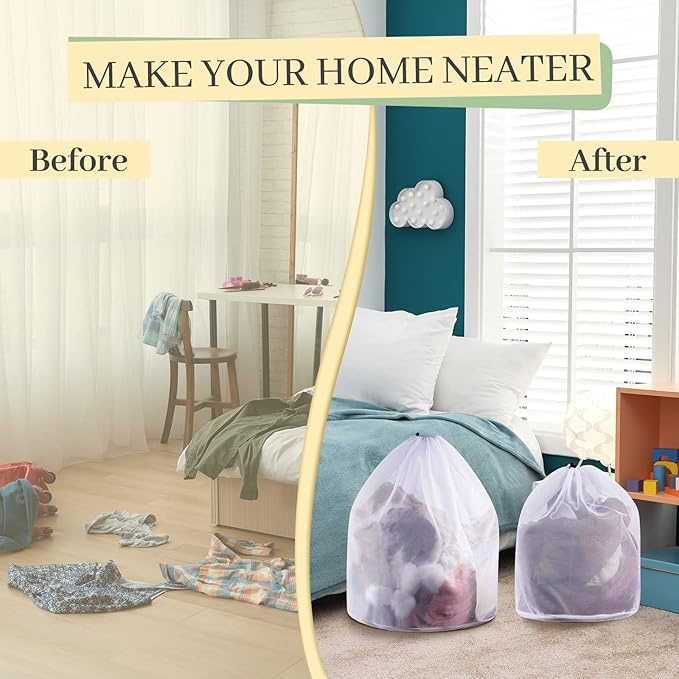 Fine Style 12 Pcs Mesh Laundry Bags with Drawstring - Heavy Duty White Mesh Bags, Machine Washable, Ideal for Delicates, College Dorm