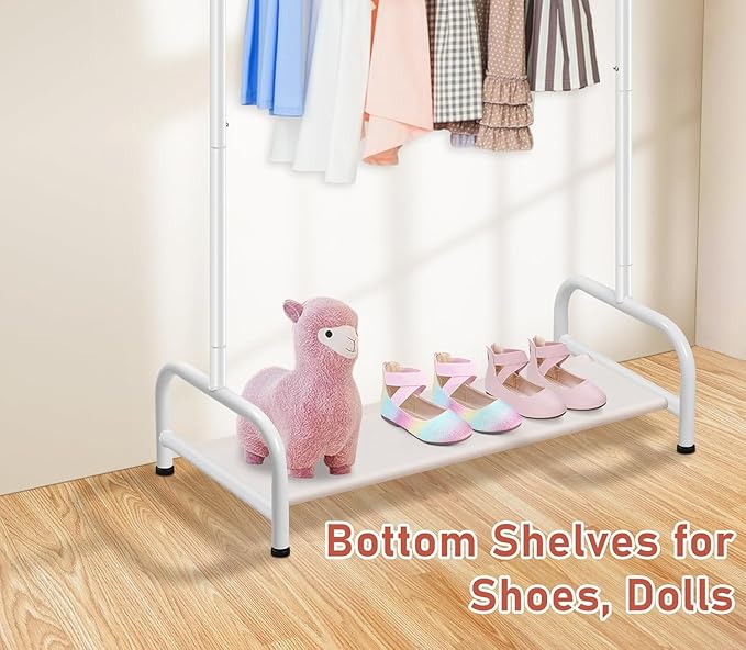 SLEEPING LAMB Double Rod Kids Clothes Rack, Small Toddler Clothing Rack with Bottom Storage Shelf for Baby Playroom Garment Rack, White