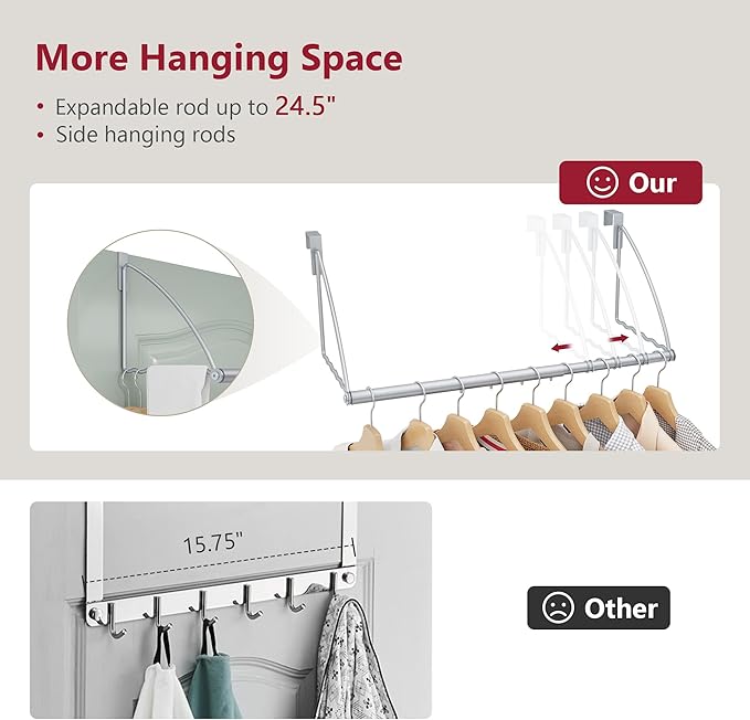 Tajsoon Over The Door Hanger Expandable & Adjustable, Over The Door Hooks for Hanging Towel & Coat, Door Rack Hanger for Bathroom, Bedroom, Washroom, Fits Doors up to 1¾”, Metal, Silver