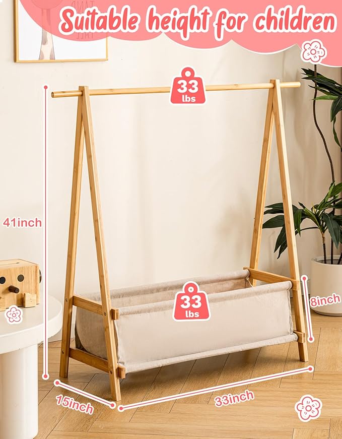 Kids Clothing Rack with Storage Box, Kids Dress Up Rack, Dance Costume Garment Rack for Hanging Clothes,Garment Rack for Hanging Clothes Organizer, Bamboo (Natural)