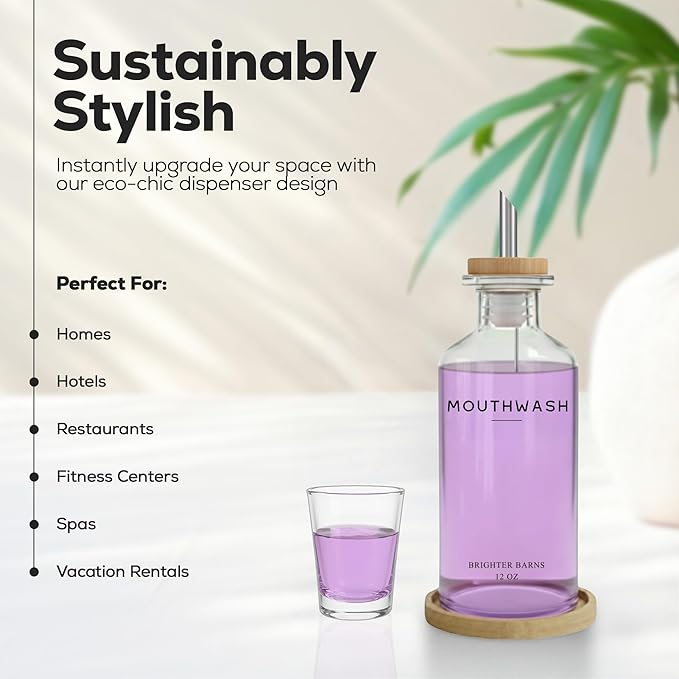 Glass Mouthwash Dispenser for Bathroom by Brighter Barns - Refillable Mouthwash Container with Glass Cup and Bamboo Tray - Mouth Wash Dispensers for Bathroom Sink, Home Decor, Airbnb, Office (Clear)