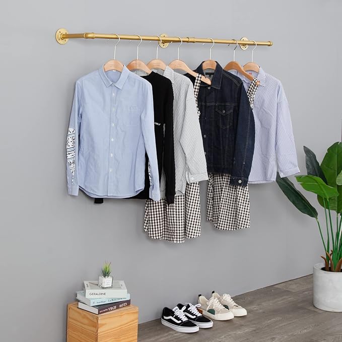 Industrial Pipe Clothing Rack Wall Mounted,Vintage Retail Garment Rack Display Rack Cloths Rack,Metal Commercial Clothes Racks for Hanging Clothes,Iron Clothing Rod Laundry Room (Gold, 59in)