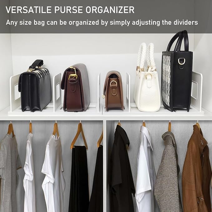 Purse Organizer for Closet Shelf 10 Divider, Adjustable Closet Organizer, Shelf Divider Storage Organizer for Purse and Handbag Closet Shelves - White