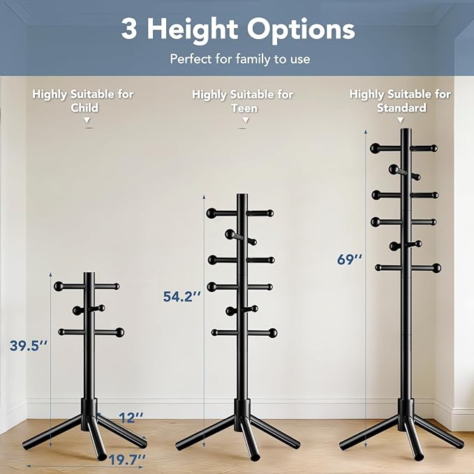 Wooden Coat Rack Freestanding with 12 Hooks 3 Adjustable Heights，Standing Coat Rack Tree for Hat and Coat Rack for Small Spaces Entryway,Office,Bedroom,Black