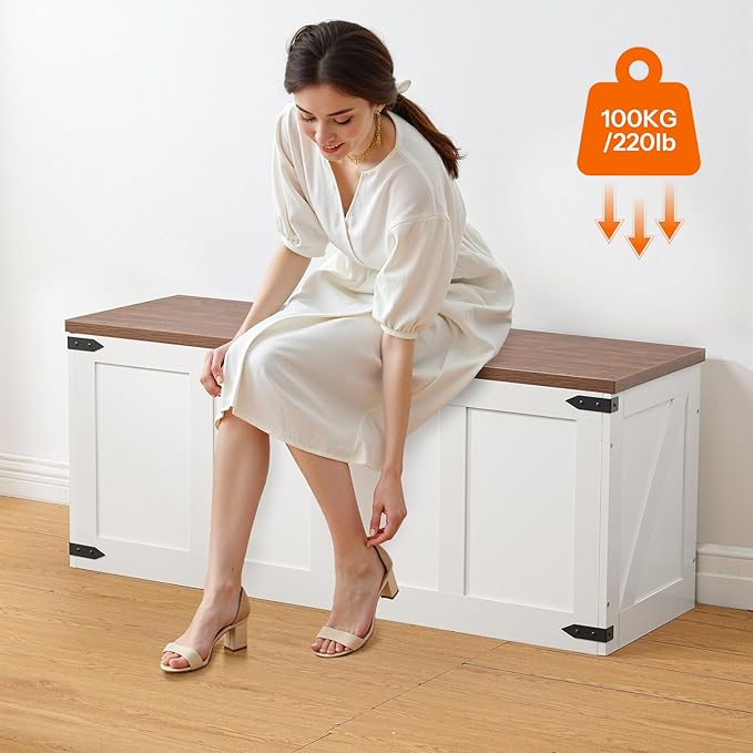 HOOBRO Storage Bench, 47.2”Toy Box Organizer with Safety Hinges, Farmhouse Wooden Storage Chest, for Hallway, Bedroom, Living Room, White and Walnut WH520CW01