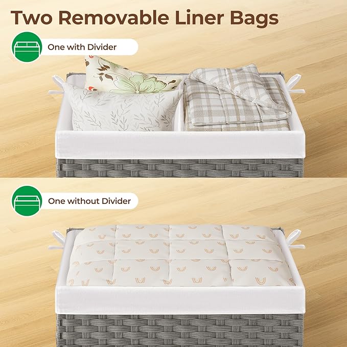 GREENSTELL Storage Basket with Lid, 42.3 Gallon(160L) Lagre Wicker Blanket Storage Basket with Handles, Foldable, 2 Removable Liner Bags, Metal Frame, for Bedroom, Laundry Room, Grey,30"*18.1"*18.1"