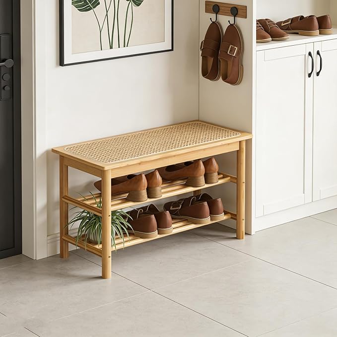 latifolia Shoe Rack Bench, 3-Tier Bamboo Shoe Bench with Breathable Rattan Seat Cushion, Shoe Storage Rack for Entryway(Nature,23.62''L)