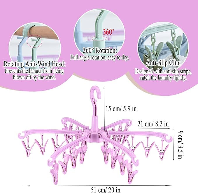 Foldable Drying Rack with 24 Clips for Drying Socks Lingerie Baby Clothes Drying Towels Rotatable Sock Drying Rack