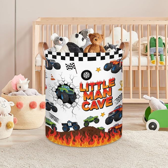 Large Laundry Basket Hamper - Monster Car Trucks Collapsible Storage Bin for Blankets, Kids Toys, Clothes, Little Man Cave 62L Tall Baby Nursery Hamper for Bathroom, Boys Bedroom Decor,Gift Basket