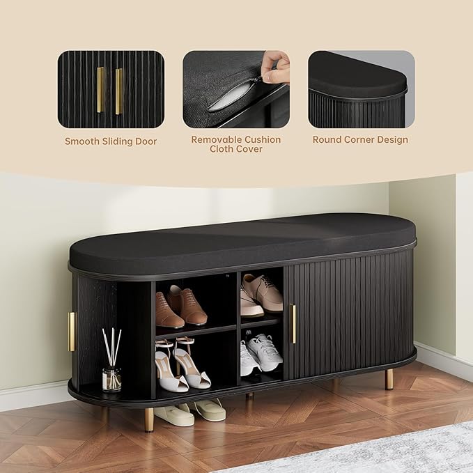 Entryway Bench with Storage: 43.31" Wooden Bedroom Shoe Bench with Thickened Padded Seat Cushion, Mid Century Modern Fluted Sliding Door and Adjustable Shelf, for Entryway, Living Room