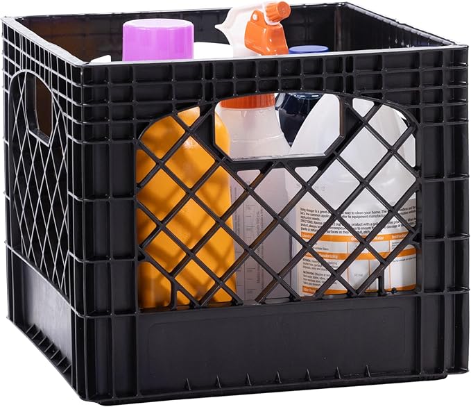 Plastic Milk Crate Storage Tote with Handles, 16-Quart Stackable Cube Organizer for Garage, Home, and Office, Made in the USA, 13" x 13" x 11" (1-Pack) - Black