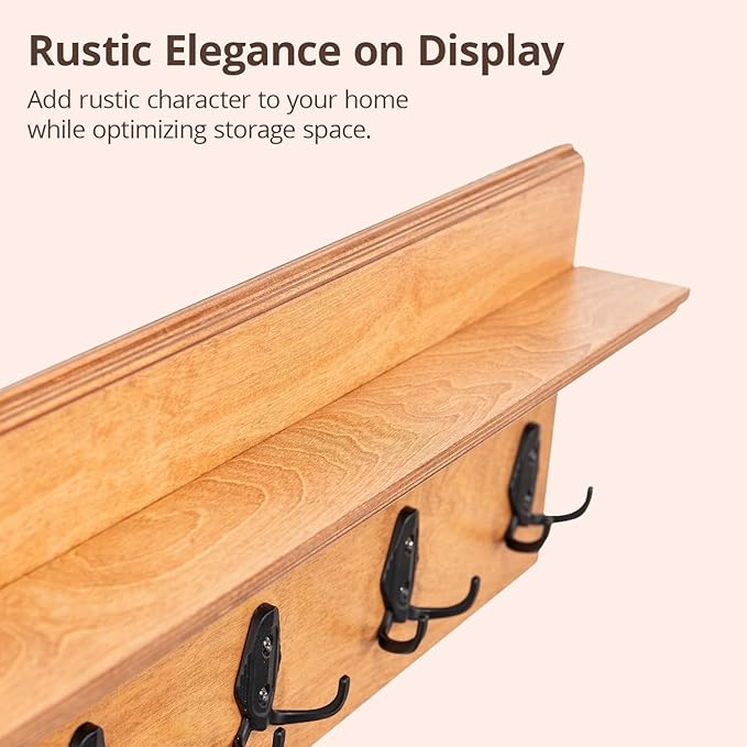 Rustic Wall Mounted Coat Rack with Shelf Wooden Entryway Organizer with 5 Metal Hooks for Coats Hats Towels Keys Floating Storage Shelf for Bathroom Bedroom (Oak, 32 inch (6 Hooks))