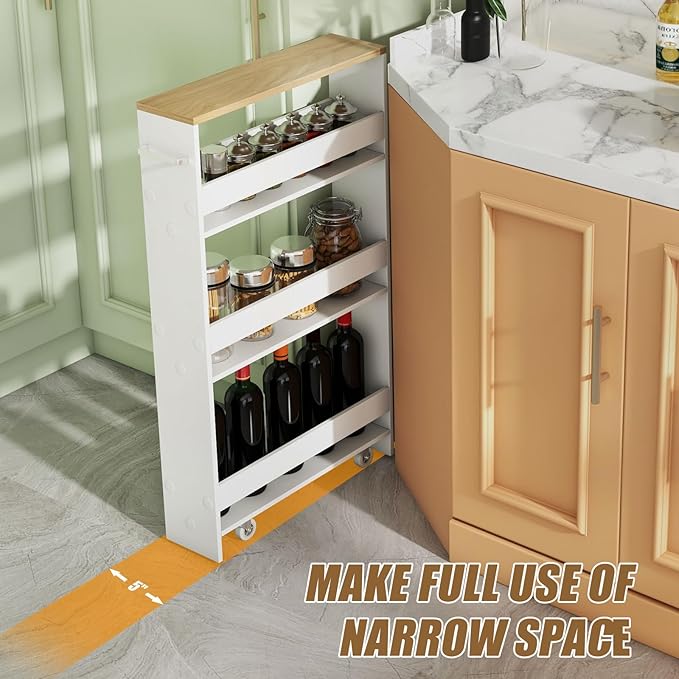 Giantex 4 Tier Rolling Slim Storage Cart, 5" Narrow Slide Out Kitchen Cart w/Handle & Open Shelves, Space-Saving Compact Mobile Utility Trolley for Small Space Laundry Room (White & Natural)