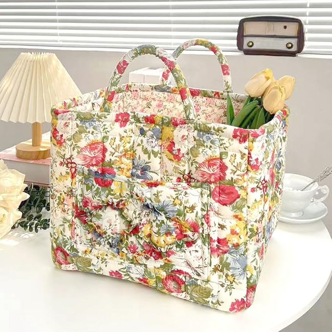 Quilted Fabric Basket Car Storage Basket Boho Floral Laundry Hamper for Nursery Bedroom & Living Room | Organize Clothes Toys