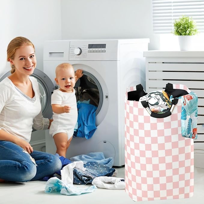 CaTaKu Pink Checkered Racing Baby Laundry Baskets Collapsible, Large Tall Clothes Hampers for Kids Laundry Room Organizer Foldable Storage Bins with Handles