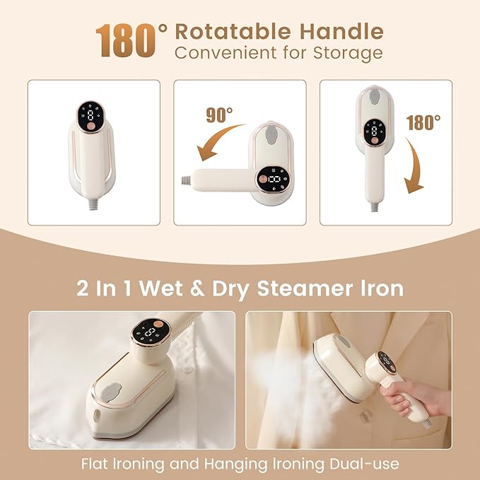 Portable Clothing Steamer, 1000W Clothing Wrinkle Remover, 3+1 Steam Adjustment Multifunctional Hanging Iron with LED Digital Display Screen, 130ml, with Water Shortage Warning, Safe Use (Beige)