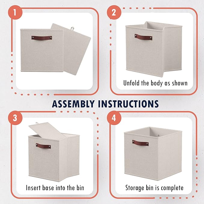Ornavo Home 13 x 15 x 13 Kallax Storage Cube Bins, Foldable Collapsible Fabric Storage Bins Box Linen Shelf Basket Cube Organizer for Closet with Leather Handles, 6 Pack, Beige