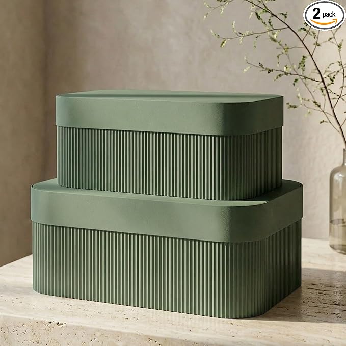 Decorative Storage Boxes with Lids – Set of 2 Beautiful Fluted Cardboard Organizer Bins for Your Home Bookshelf Decor to Safely Store Your Documents, Memory Box Items and Other Keepsakes in Style