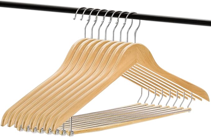 Tosnail 8 Pack Wooden Suit Coat Hangers with Locking Bar, Wood Hanger Pants Clothes Hanger - Flat Construction for Saving Space