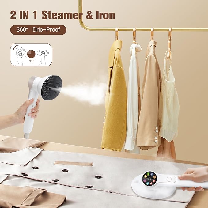 2-in-1 Handheld Steamer for Clothes & lron, 145oW Portable Garment Steamer with Smart LCD Display, 40oml Large Tank,8 Steam Levels, 90° Rotating Head, Fast Heat & Auto-Off for Home/Travel