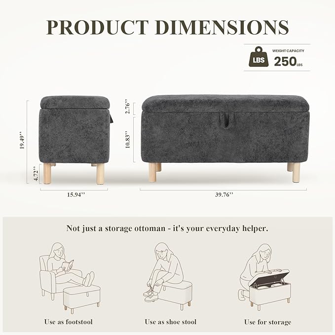 Ottoman with Storage, Storage Ottoman Bench, Entryway Bench with Wood Legs for Living Room, Sitting Area, 2PCS, Dark Grey