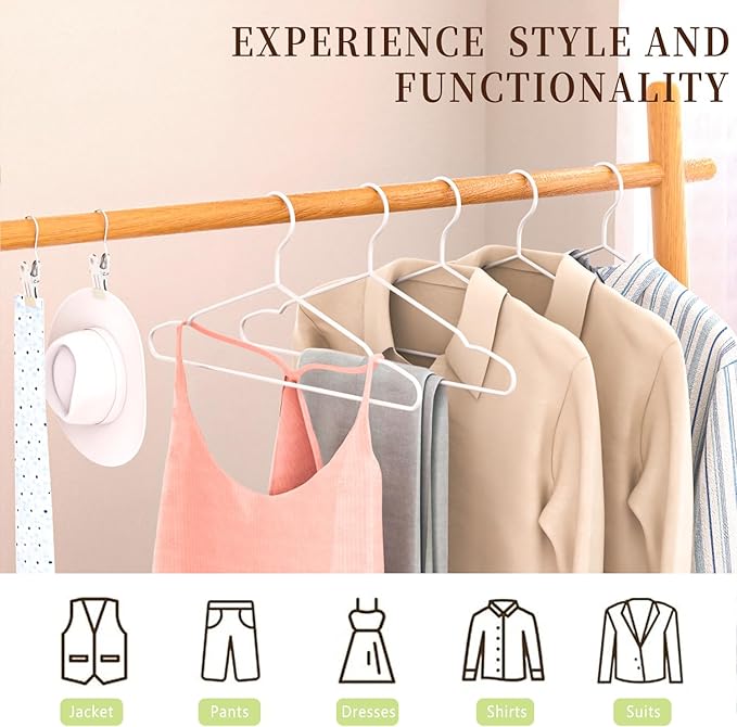 40Pack+5 Clips Luxurious Hanger Set ，16.69" Heavy Duty Matte White Metal HangersWithstands 50lbs Weight Smooth Powder Coated Finish Compact Shirt Hangers