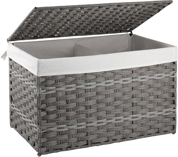 OIAHOMY Storage Basket with Lid, 27.7 Gallon (105L) Blanket Basket with Removable Liner Bag, Synthetic Wicker Hamper with Handle, Hamper for Living Room, Grey