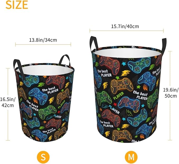 Game Round Laundry Hamper Gaming Gamer Storage Basket Toys Clothes Organizer Bin For Home Bathroom Bedroom Dorm Nursery, 38l