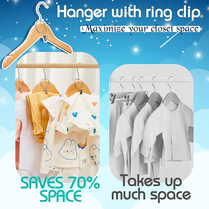 20 Pcs Wooden Baby Clothes Hangers with 20 Pcs Metal Ring Clips 12.6" Wooden Shirt Coat Hangers with Notches and Anti Rust 360 Swivel Chrome Hook for Kids Children Toddler Clothes