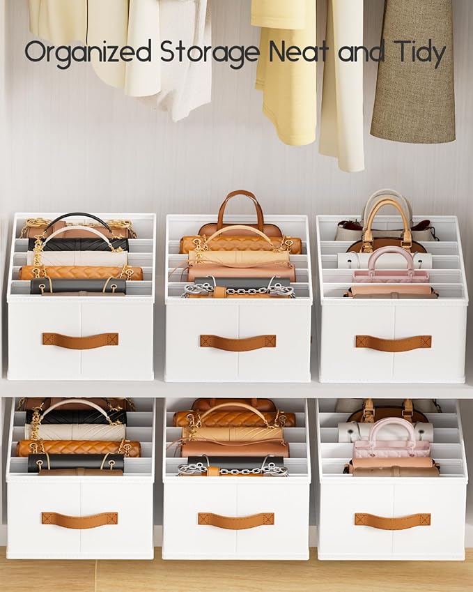 Purse Organizer for Closet, Fabric Handbag Storage Organizer with Handles, Foldable Bag Organizer Drawer for Flat Handbags, Clothes, Towels or Pants, Closet Storage Organizer, White, 6 Pack