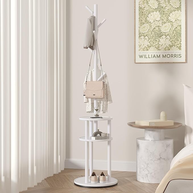 VECELO Coat Rack Freestanding, Entryway Hanger Stand, Umbrella Holder, Hall Tree With Hooks, Floor Standing Metal Tree Stand,White, Medium-sized