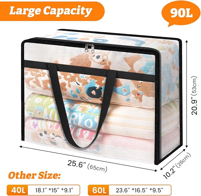 BlissTotes 4 Pack Clear Clothes Storage Bags, Moving Bags, Foldable Blanket Storage Under Bed Storage Containers with Sturdy Zipper and Handle for Clothing, Comforter, Bedding, Sheet (90L)