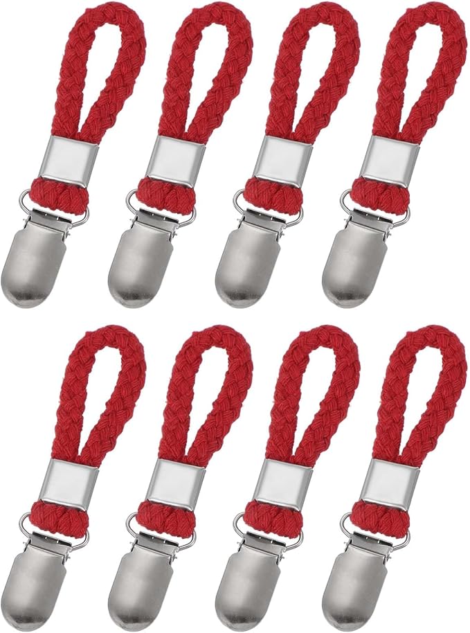 uxcell 8 Pcs Tea Towel Clips with Cotton Loop for Hanging, 4.3 Inch Metal Towel Hooks Multipurpose Cloth Hangers for Home Kitchen Bathroom, Red