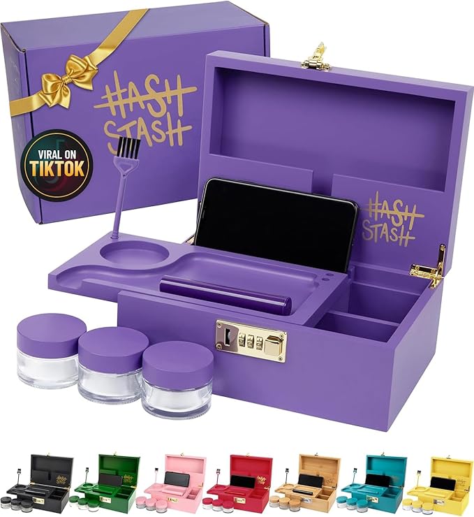 The OG Stash Storage Box - Large Bamboo with Combination Lock, Magnetic Lid, Organizer Tray, 3 Jars and Brush - Portable Decorative Wooden Lock Box Kit with Accessories (Purple/Gold)