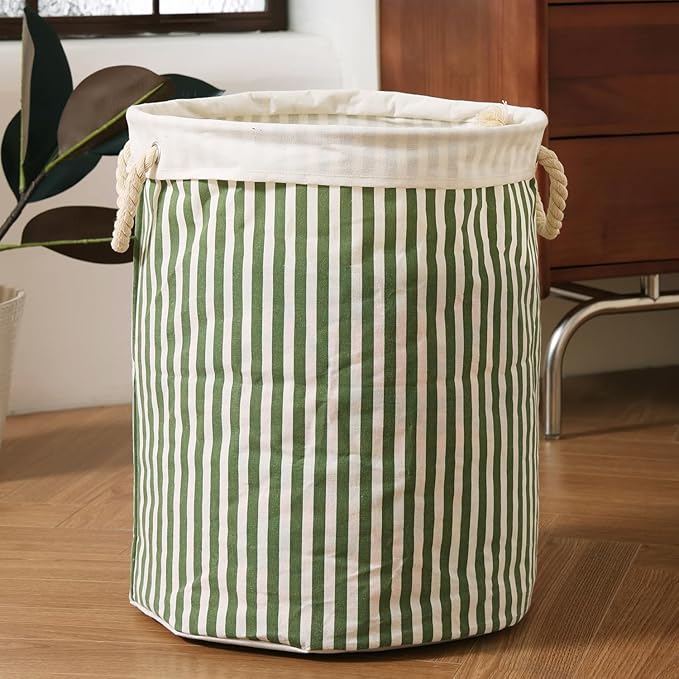 Large Storage Laundry Hamper Basket 62L with Handles for Dirty Clothes Toy Organizer Bins, Waterproof, Collapsible Laundry Hamper, Classic Stripes Pattern, Green Color,1-Pack, Bathroom, Dorm