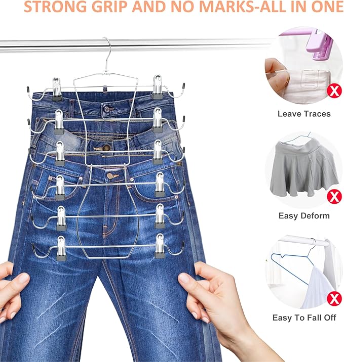 6 Tier Skirt Hangers Organizer, Metal Pants Hanger Space Saving with Adjustable Clips Holds 36 Skirts/Pants/Jeans/Shorts, 3 Pack Tank Tops Bra Hangers w/360°Rotating Hook