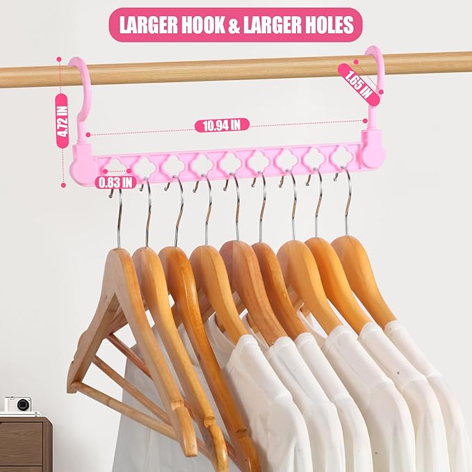 SLMT Magic Hangers Connectors 10 Pack Space Saving Closet Organizers College Dorm Room Essentials Space Saver Cascading Hangers with 9 Holes (Pink)