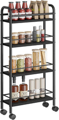 Slim Storage Cart, 4-Tier Small Rolling Cart with Wheels, 5.9" Deep, Narrow Bathroom Shelf Trolley for Kitchen, Bathroom, Laundry Room, Black Standard 4-Tier (5.9" W x 33.6" H)