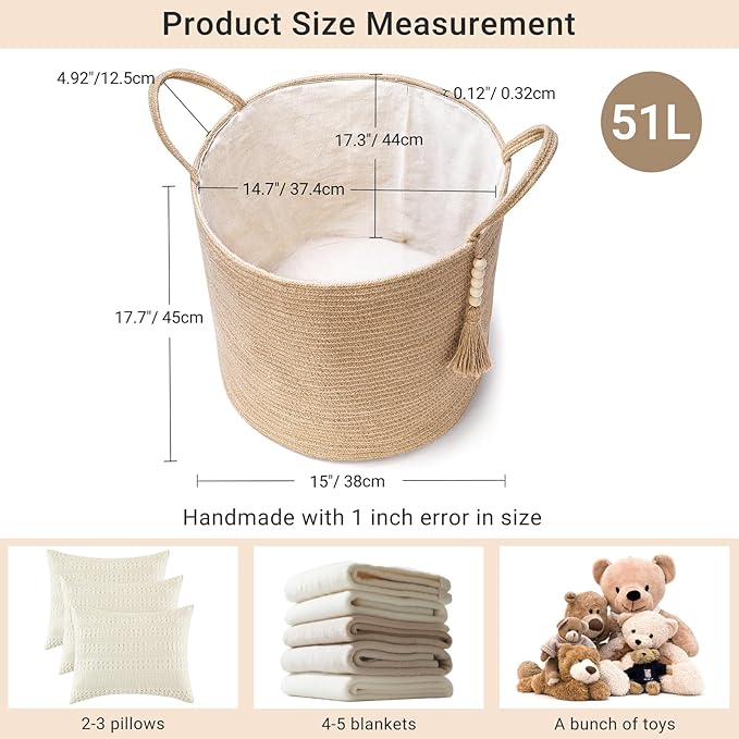 Mkono Tall Wicker Laundry Basket Woven Storage Basket Decorative Natural Rope Basket Wooden Bead Decoration for Blankets,Toys,Clothes,Shoes,Plant Organizer Bin with Handles Living Room 15"Wx17.7"L