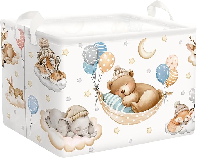 Sleeping Animals Baby Laundry Hamper Collapsible Clothes Kids Storage Basket Large Boys Girls Gift Toy Box Bin for Nursery, Bear, 36L
