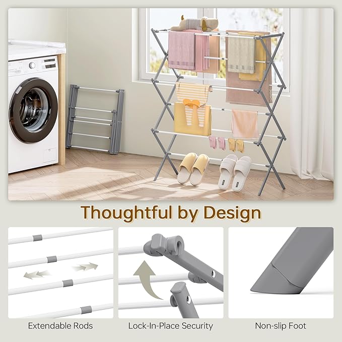 KINGBOARD Clothes Drying Rack, Collapsible Drying Rack Clothing with 11 Poles, 3-Tier Laundry Drying Rack, Small Clothes Drying Rack Foldable for Baby Clothes, 25lb Capacity, Grey